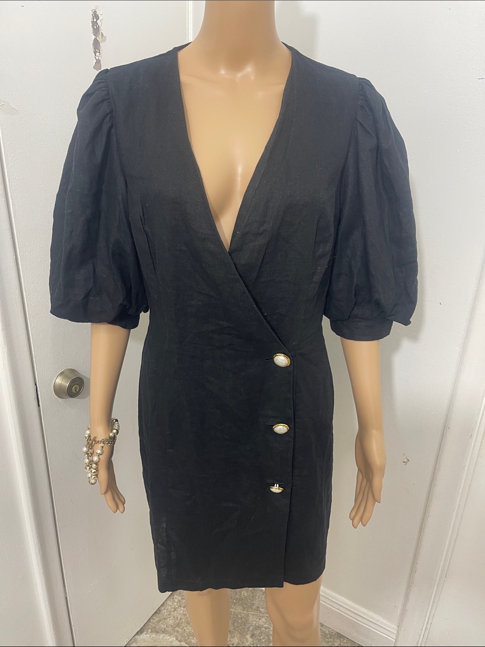 Black Puff-Sleeve Wrap Dress with Pearl Buttons